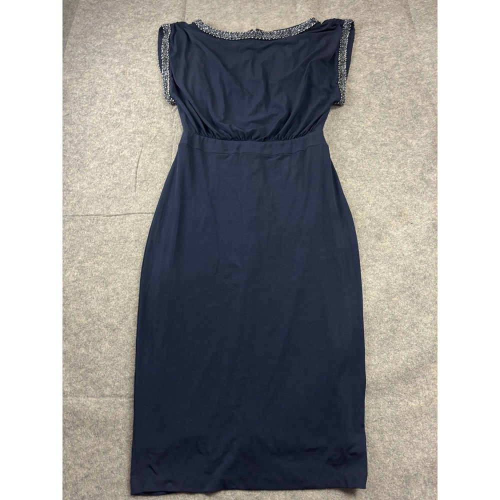NWT Sangria Women's 4 Navy Embellished Boat Neck Cocktail Dress Jersey Career